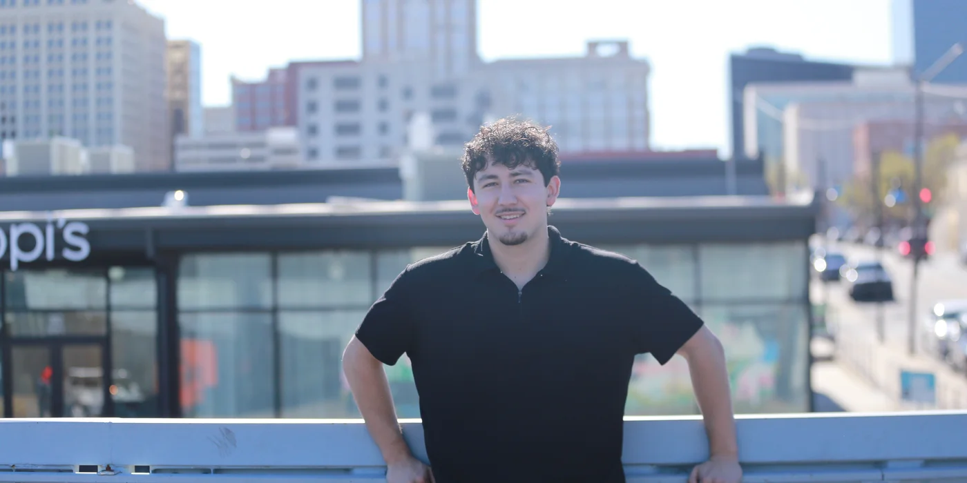 Aerial view of Tulsa, Oklahoma city skyline at dusk